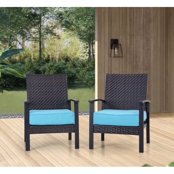 SUMMIT LIVING Set of 2 Outdoor Patio Rattan Wicker Conversation Set Loveseat Sofa with Aqua Cushions