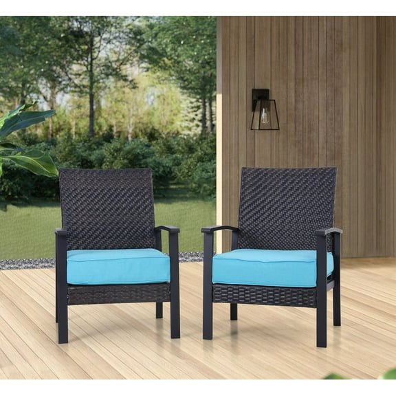 MF Studio Set of 2 Outdoor Patio Rattan Wicker Conversation Set Loveseat Sofa with Aqua Cushions