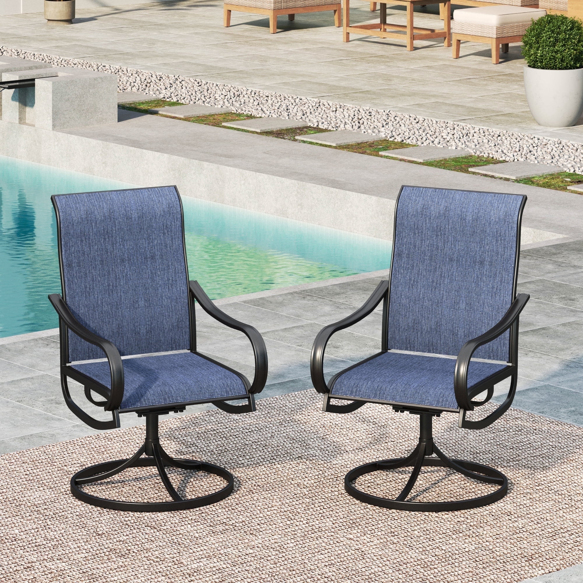 SUMMIT LIVING Outdoor Patio Dining Chairs Set of 2, 2-Piece Textilene Swivel Patio Chairs, Black & Blue