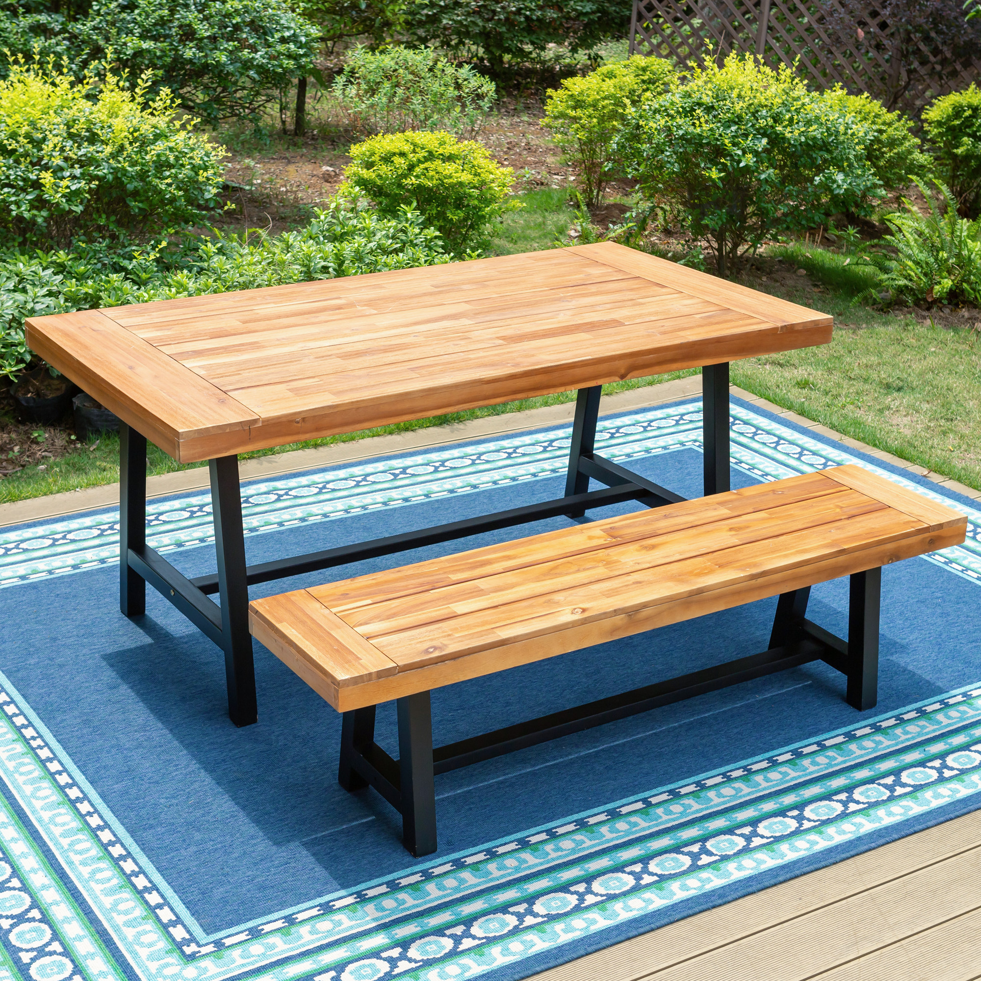 MF Studio Set of 2 Patio Wood Garden Bench Set Outdoor Wooden Dining Set with 1 Acacia Table and 1 Bench Suitable for 2 People - image 1 of 8