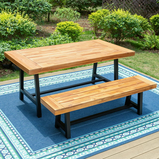 MF Studio Set of 2 Patio Wood Garden Bench Set Outdoor Wooden Dining Set with 1 Acacia Table and 1 Bench Suitable for 2 People
