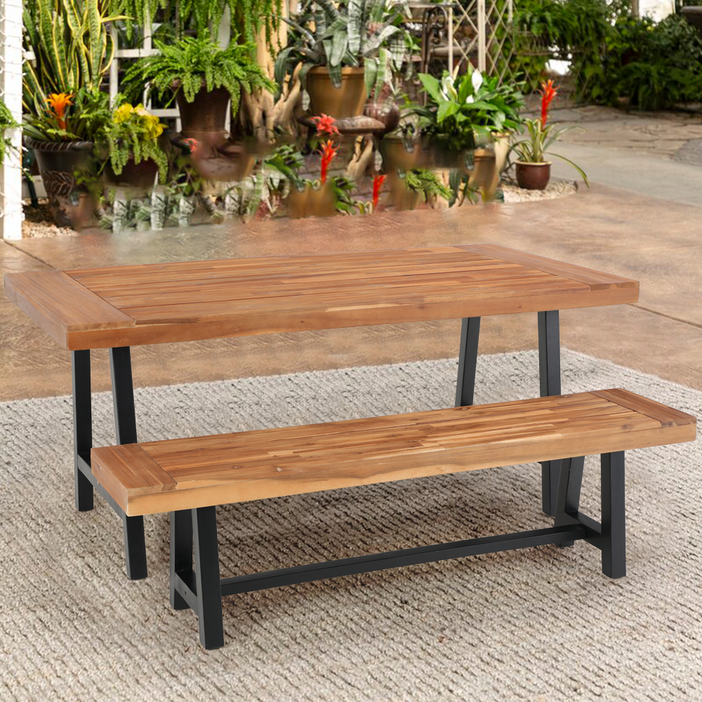 MF Studio Set of 2 Patio Wood Garden Bench Set Outdoor Wooden Dining Set with 1 Acacia Table and 1 Bench Suitable for Patio, Garden, Backyard - image 1 of 5