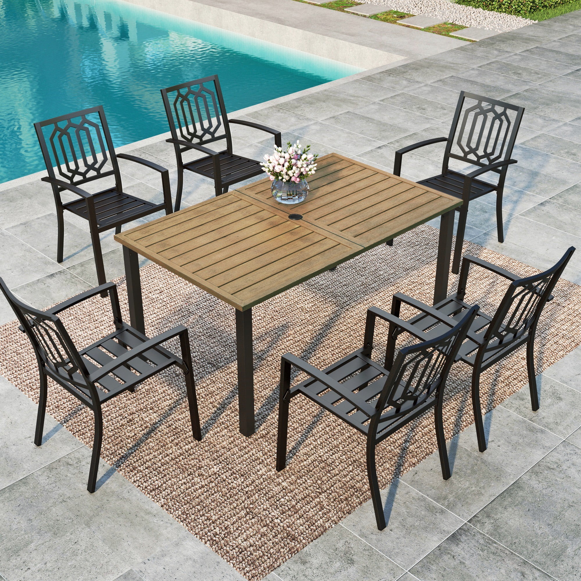 MF Studio 7-Piece Outdoor Patio Dining Set with Stacking Chairs & Wood-Grain Topped Table for 6-Person, Black