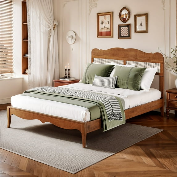 MF Studio Solid Wood Queen Size Bed Frame with Hand-Woven Rattan Headboard, No Box Spring, Brown