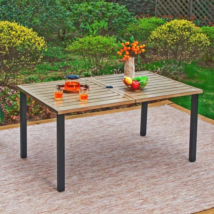 MF Studio 60 x 36 Steel Rectangle Patio Dining Table Umbrella Support Wood Grain Top for 6 Person Black Light Brown