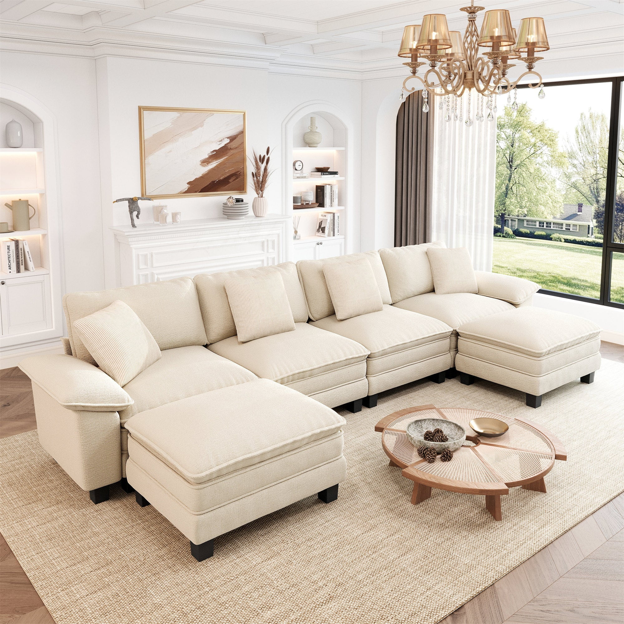 MF Studio U-Shaped Sectional Sofa, 158" Oversized Cloud Couch with Ottoman and Pillow, Plush Chenille Upholstery, White