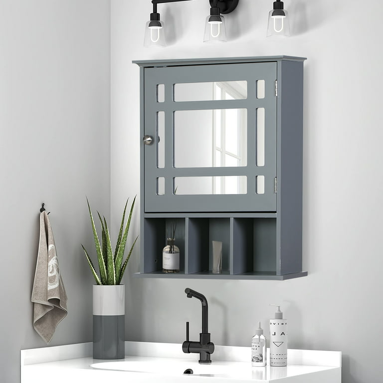 MF Studio Wall Mount Bathroom Mirror Cabinet Storage Organizer Set, Single  Door Wooden Bathroom Storage, Gray 