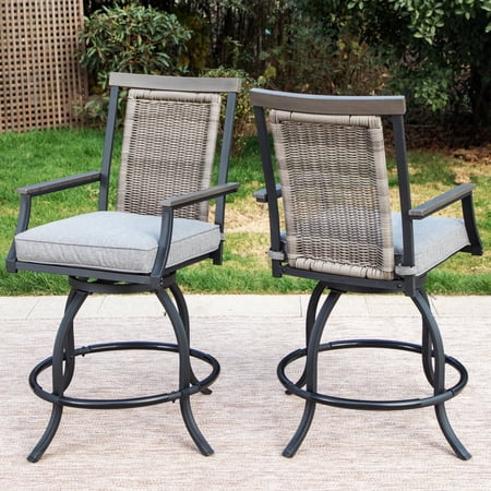 SUMMIT LIVING Wicker Patio Bar Stools Set of 2 Outdoor Counter Height Bar Chairs with PE Rattan Back & Cushion, Black & Gray