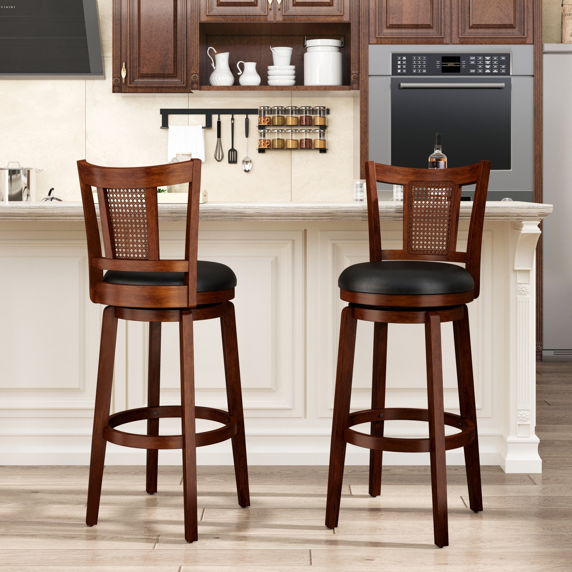 SUMMIT LIVING Wood Swivel Bar Stool Set of 2, Bar Height Kitchen Stool with Back, 30 inch Upholstered Pub Chair, Dark Brown