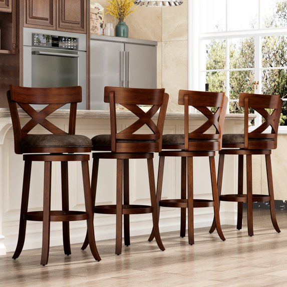 SUMMIT LIVING Wood Swivel Bar Stool Set of 4, Bar Height Kitchen Stool with Open X Back, 30 inch Upholstered Pub Chair, Walnut