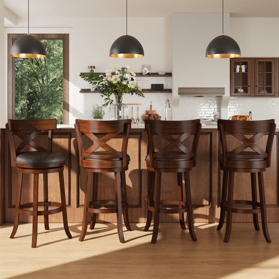 Summit Living Wood Swivel Bar Stool Set of 4, 30" Bar Height Kitchen Stool with Open X Back, Walnut