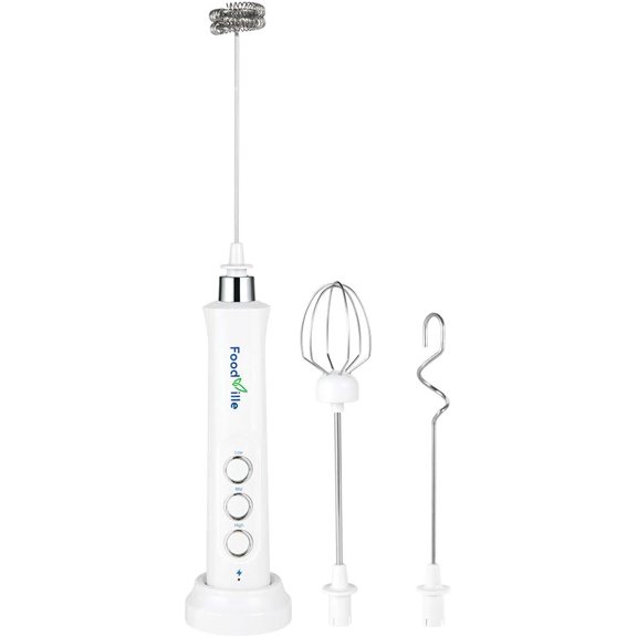 MF09 3 in 1 Rechargeable Milk Frother Handheld Foam Maker with Charging Stand & Stainless Steel Whisks (White without Case)