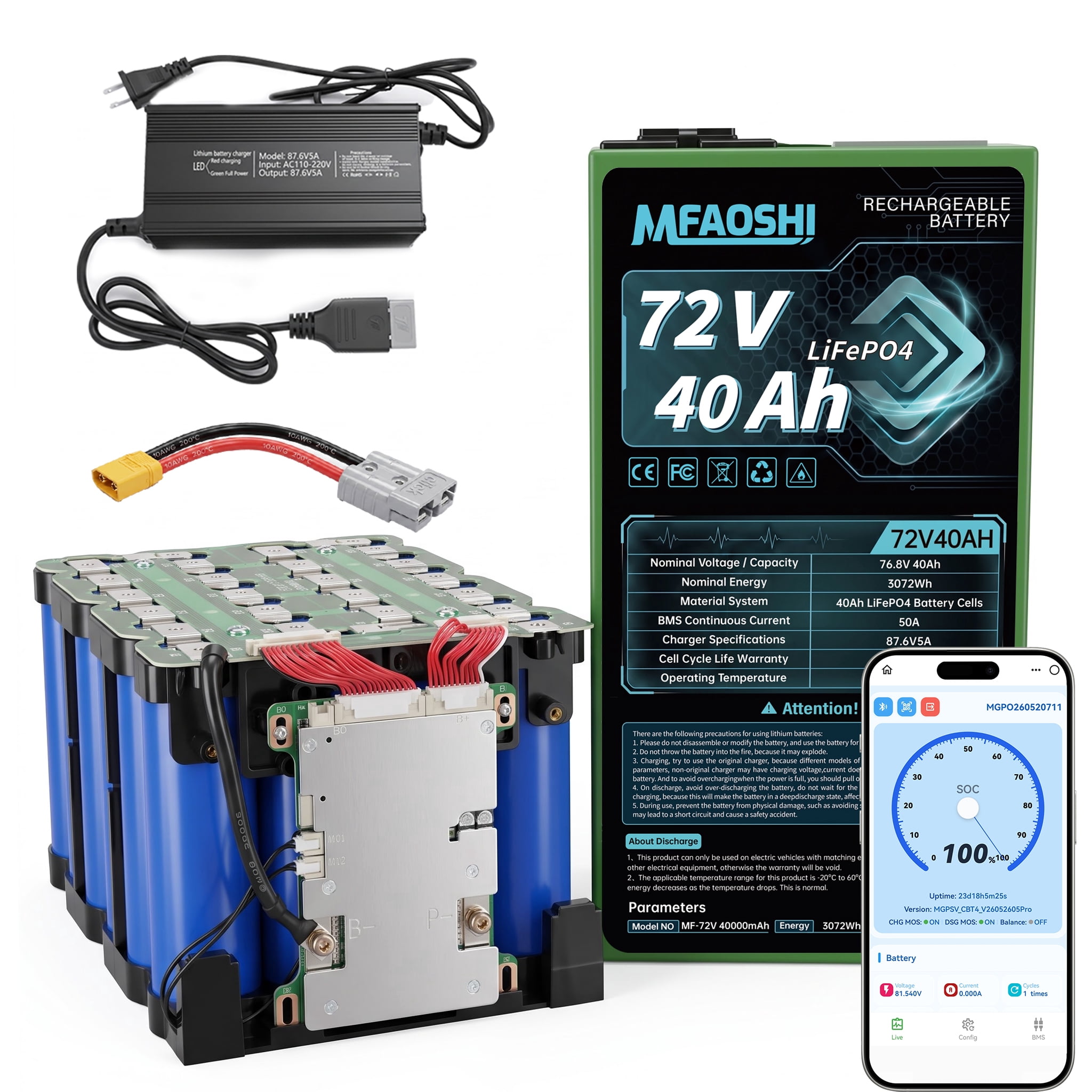 MFAOSHI 72V 40Ah LiFePO4 Battery, Bluetooth Monitoring, UN38.3 & UL2054 Certified, Automotive-Grade Cells, 50A BMS, 5A Charger, 4000+ Cycles, Waterproof Alloy Spray Shell, Anderson & XT90, 250W3500W