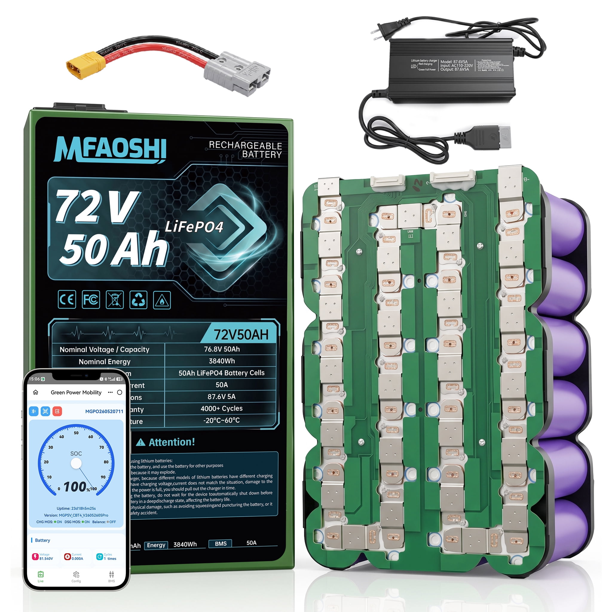 MFAOSHI 72V 50Ah LiFePO4 Battery, Bluetooth Smart Pack, UN38.3 , Automotive-Grade Cells, 50A BMS, 5A Charger, 4000+ Cycles, Alloy Spray-Coated Waterproof Housing, Anderson & XT90, 25