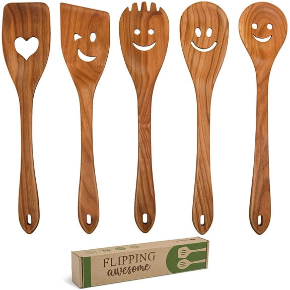 MFC 5-Piece Wooden Cooking Spoons - Kitchen Set from Natural Cherry Wood - Wooden Spoons for Cooking - Funny Utensil Set with Smiley Faces - Cooking Multipurpose Wood Utensils