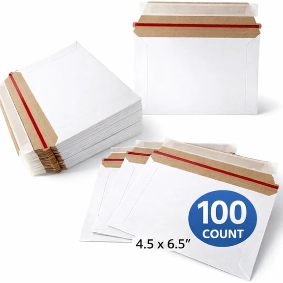 MFLABEL-100 Pack 6.5''x4.5'' Rigid Mailers with Self Sealing Flap, Bulk Cardboard Envelopes for Shipping Photo, Documents