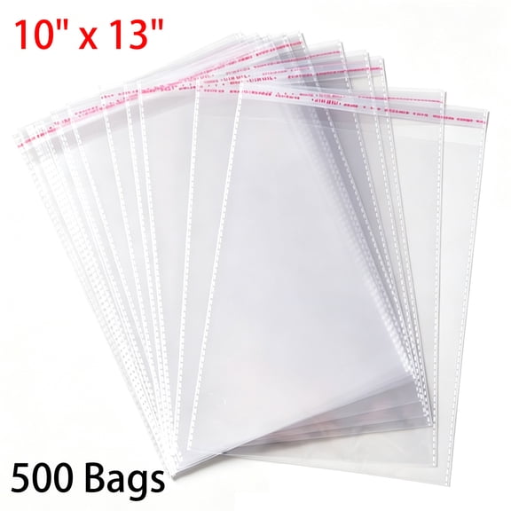 MFLABEL-500 Pcs 10 x 13 inch Cellophane Plastic Bags, Clear Resealable Self Sealing Cello Bag, OPP Poly Bags