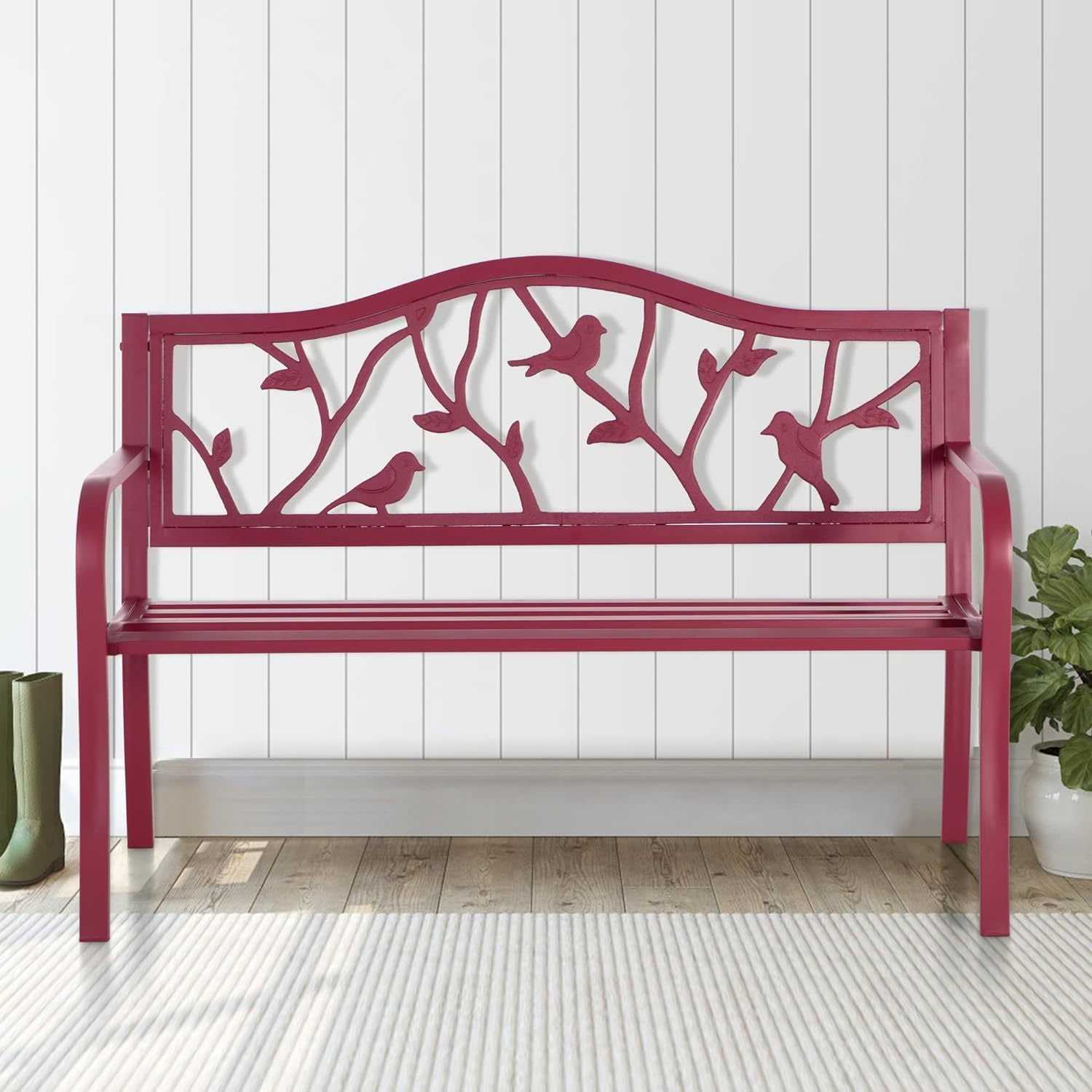Red Metal Outdoor Garden Bench with Bird Design