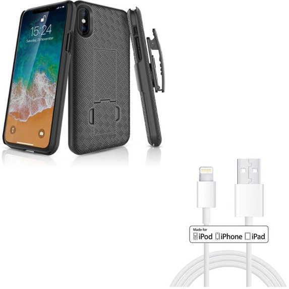 MFi USB Cable w Case Belt Clip for iPhone XS/X - 3ft Certified Charger Cord Power Wire, Holster Swivel Cover Kickstand Armor for iPhone XS/X