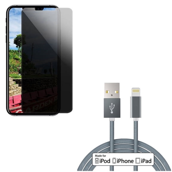 MFi USB Cable w Privacy Screen Protector for iPhone XR - 6ft Certified Charger Cord Power, Tempered Glass Curved Anti-Spy Anti-Peep