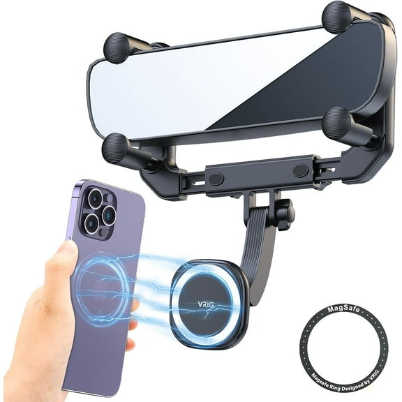 MG-15 Magnetic Rear View Mirror Phone Holder for car [Big Rear Mirrors Friendly],Magsafe Hands Free 360 Rotating Strong Magnet Cell Phone Mount Fit for iPhone 16/1514/13/12 Series