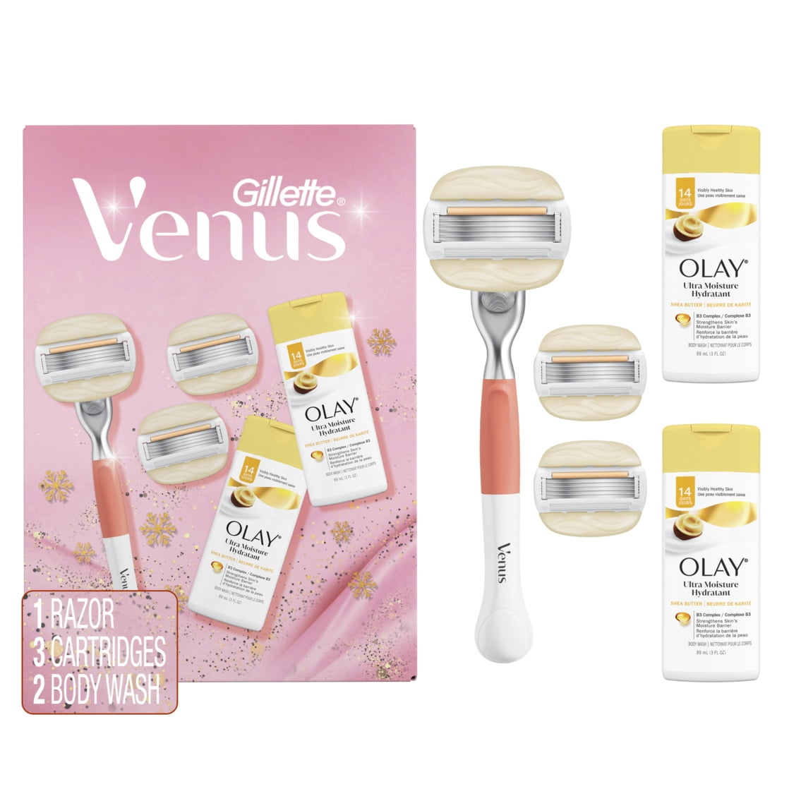 Venus Moistureglide Women's Razor, 1 Razor Handle, 3 Razor Blade Refills and two 3oz Olay Ultra Moisture Body Washes, Holiday Gifts for Women