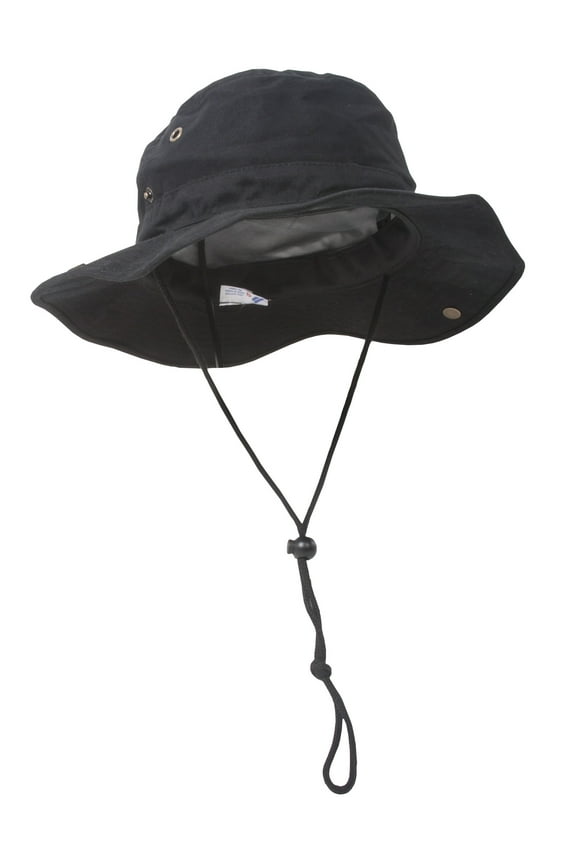 MG Men's Brushed Cotton Twill Aussie Side Snap Chin Cord Hat - Black - Large