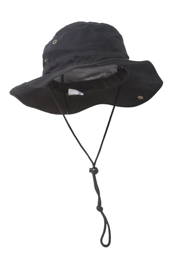MG Men's Brushed Cotton Twill Aussie Side Snap Chin Cord Hat - Black - Medium