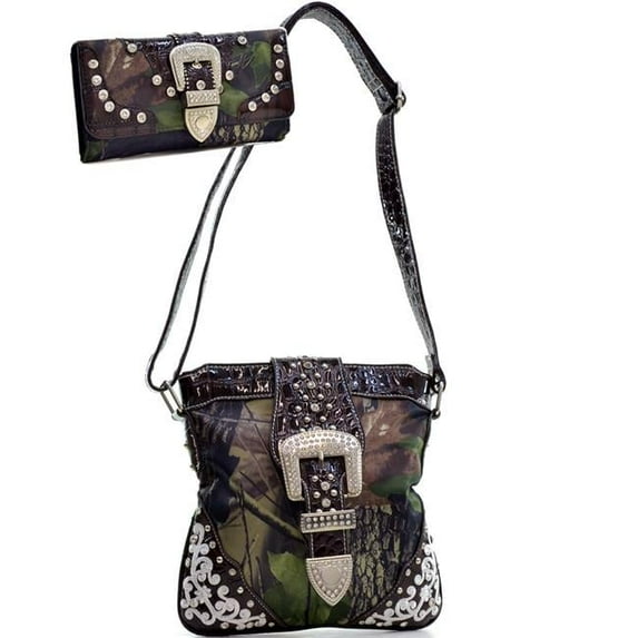 MG22WB109SET-GN - CAM Women Bling Rhinestone Buckle Messenger Bag Wallet Set with Brown Croc Trim - Green & Cam