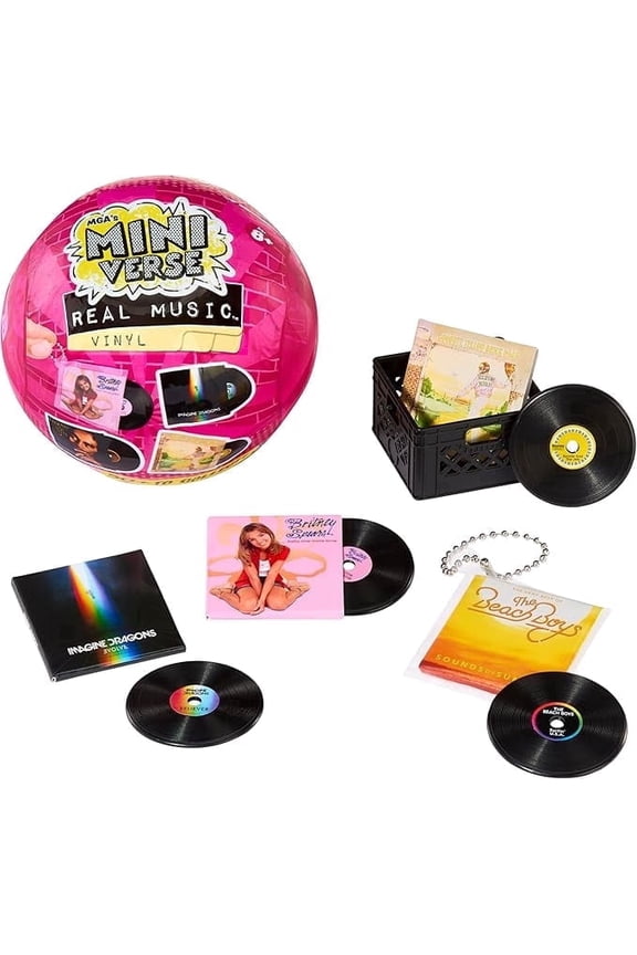 MGA Miniverse - Mystery Mini Vinyl Record Collectible Set 4 Playable Mini Music Records with Display Crate & Keychain