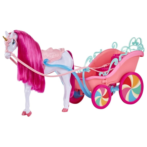MGA's Dream Ella Candy Carriage and Unicorn, Pearlized White Unicorn Horse with Gold Glitter Horn, Bright Pink Mane, Pink Bridle, Reins, Saddle, Pink Carriage with Candy Glitter Railing