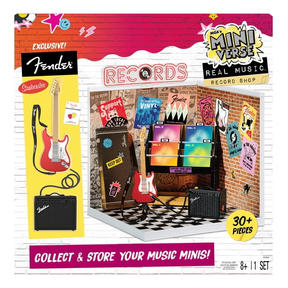 MGA's Miniverse Real Music Record Shop Deluxe Display Set, Licensed Fender Guitar & Accessories, Mini Record Store Furniture, Customizable Music Shop Scene, Mini Collectibles, Ages 8+