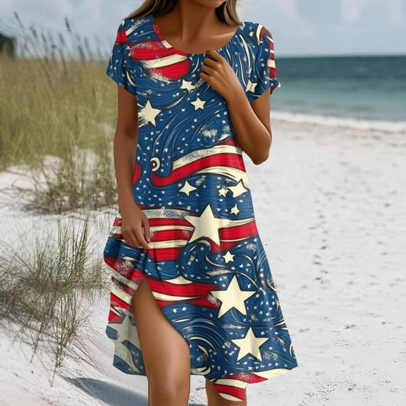 MGCWSH 4th Of July Dresses for Women American Flag Crew Neck Trendy Spring Dresses Short Sleeve Fashion Costumes 2025 Navy 2XL