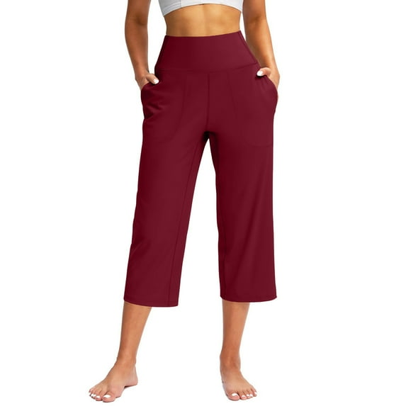 MGCWSH Capri Pants for Women Summer Casual Elastic Waist Wide Leg Cropped Trousers with Pockets Plus Size Tummy Control Yoga Capris Wine