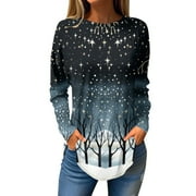MGCWSH Christmas Women's Shirts Christmas Tree Merry Christmas Long Sleeve Tunics Tops Fitted Crew Neck Cute Blouses Black L