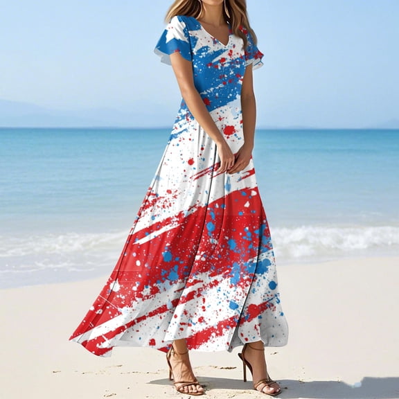 MGCWSH Fourth Of July Dresses for Women Blue Independence Day Graphic Soft V-Neck Spring Maxi Dress Short Sleeve Comfy Long Dress Watermelon Red XL