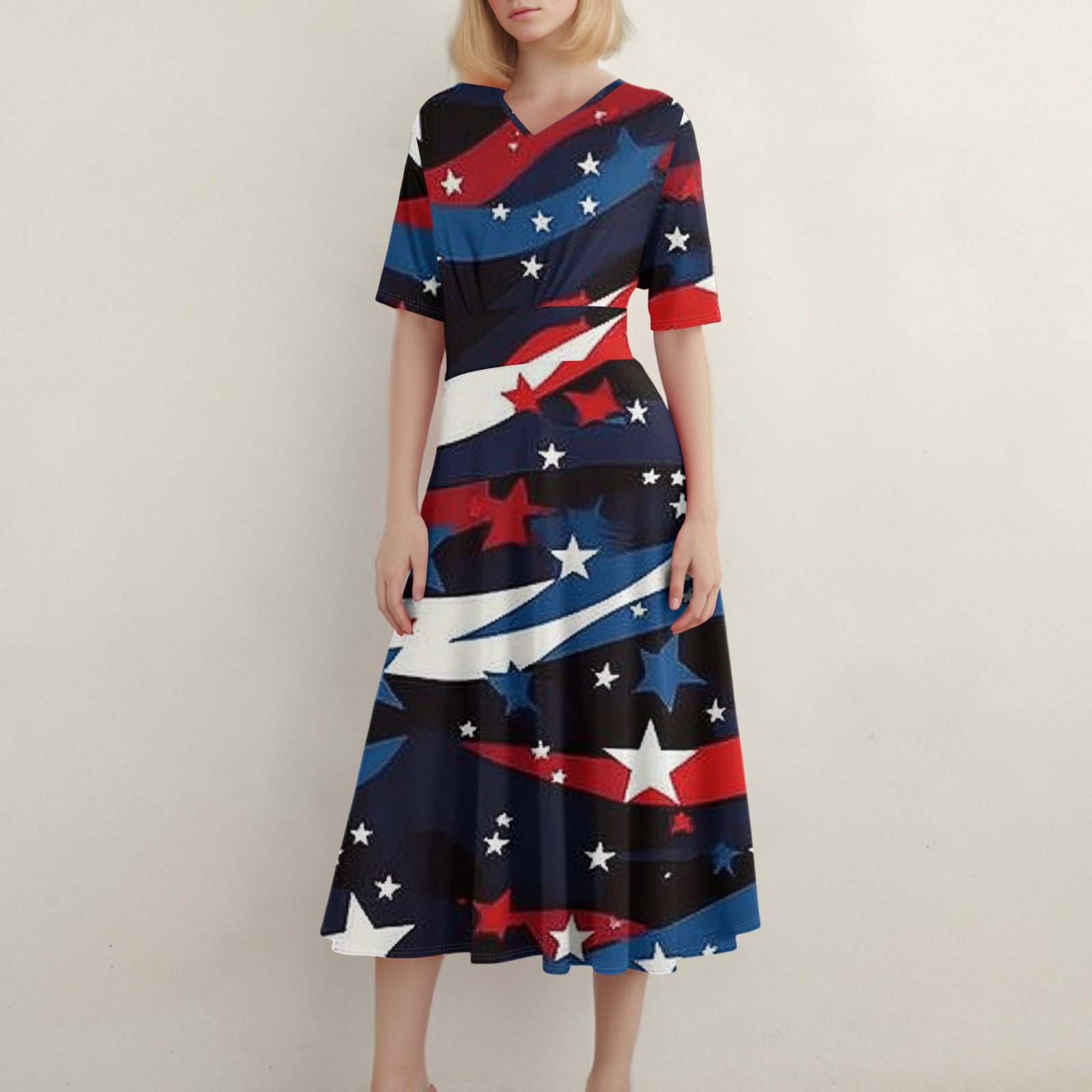 MGCWSH Fourth Of July Dresses for Women Star Stripes Fashion V Neck ...