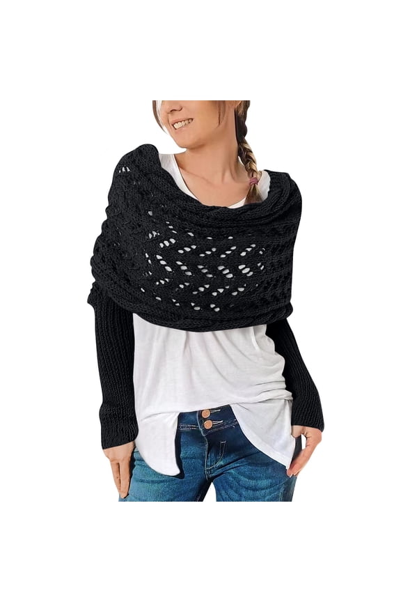 Knitted Cable Wrap Sweater Scarf with Sleeves for Women – Multifunctional Scarf with Sleeves, Cozy Sleeve Wrap Shawl Black