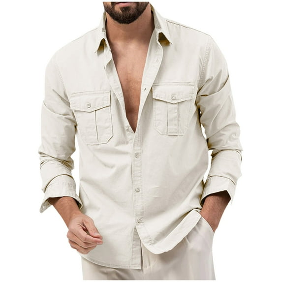 MGCWSH Mens Casual Button Down Shirt Retro Two Pocket Long Sleeve Wrinkle Free Work Shirt White 2XL
