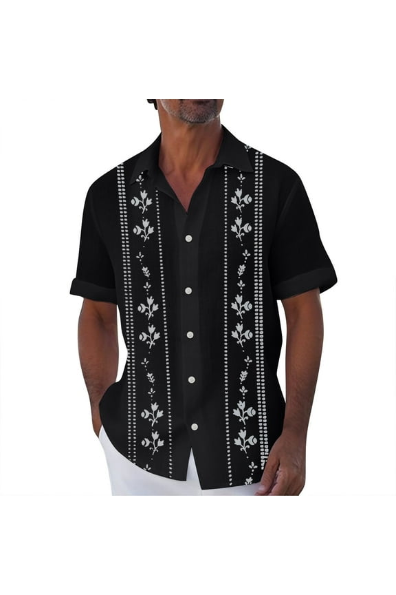 Mens Short Sleeve Guayabera Shirts Button Down Mexican Embroidered Cuban Wedding Shirt Summer Tops Black 4XL