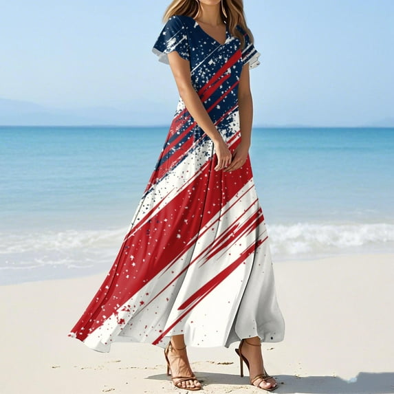 MGCWSH Red White Blue Dresses for Women Usa Flag Breathable V Neck Spring Dresses Short Sleeve Comfy Dress Costume Navy L