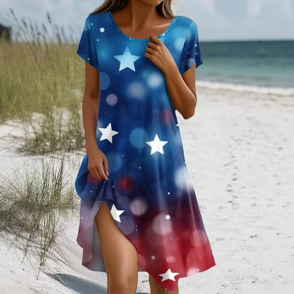 MGCWSH Star Print Independence Day Dress Usa Themed Crew Neck Y2k Spring Dress Short Sleeve Hawaiian Swing Dress Light Blue M