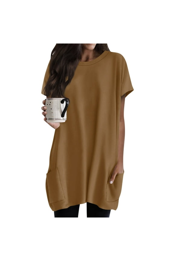 Summer Womens Tunic Tops for Leggings with Pockets Short Sleeve Casual Long T Shrits Brown 2XL