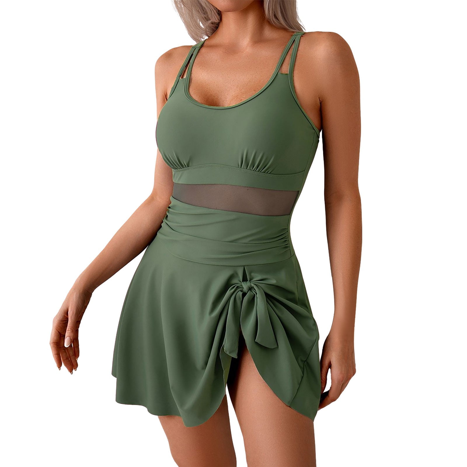 MGCWSH Women One Piece Swimdress Tummy Control Swimsuits Mesh Sheer Swim Dress Skirt Bathing