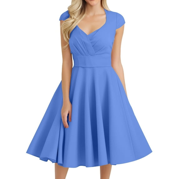 MGCWSH Women Short 1950s Retro Vintage Cocktail Party Swing Dresses Blue 2XL