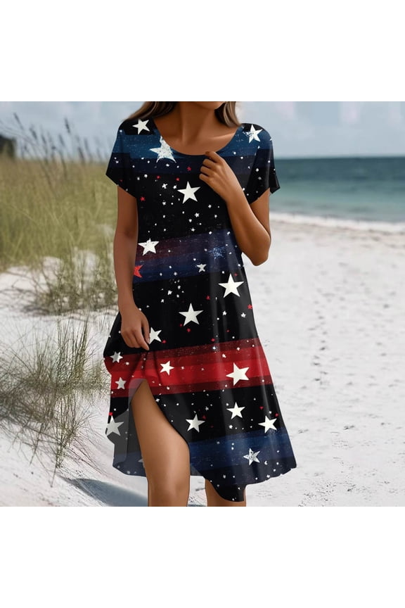 Women Usa Themed Dresses Usa Flag Crew Neck Casual Spring Dresses Short Sleeve Boho Going Out Dress Multicolor XL