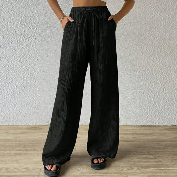 MGCWSH Women's Cover Up Beach Pants Drawstring Wide Leg High Waist Bikini Swimsuit Coverups Black