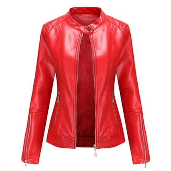 MGCWSH Women's Genuine Leather Jacket, Classic Button Leather Blazer Casual Coat Long Sleeves Suit Style Leather Jacket Red XL