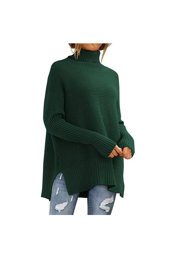 Women's Oversized Turtleneck Sweaters 2024 Fall Batwing Sleeve Ribbed Tunic Sweater Army Green M