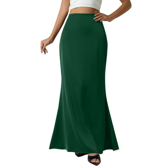 MGCWSH Women's Satin High Waisted Maxi Skirts Elasticized Waistband A Line Long Skirt Dark Green